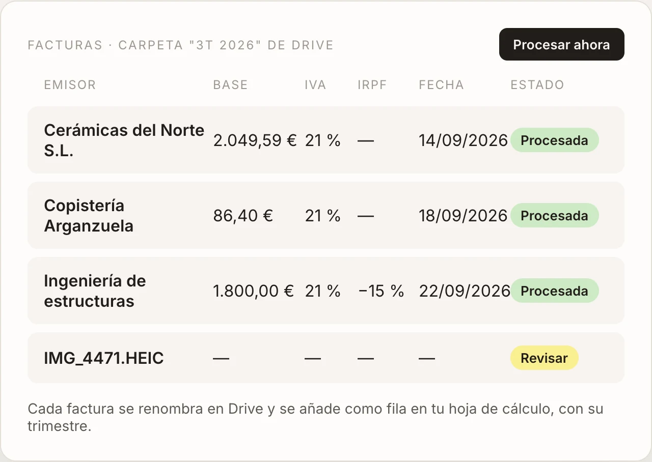 Facturas procesadas por arqOs desde una carpeta de Google Drive, con emisor, base, IVA, fecha y estado